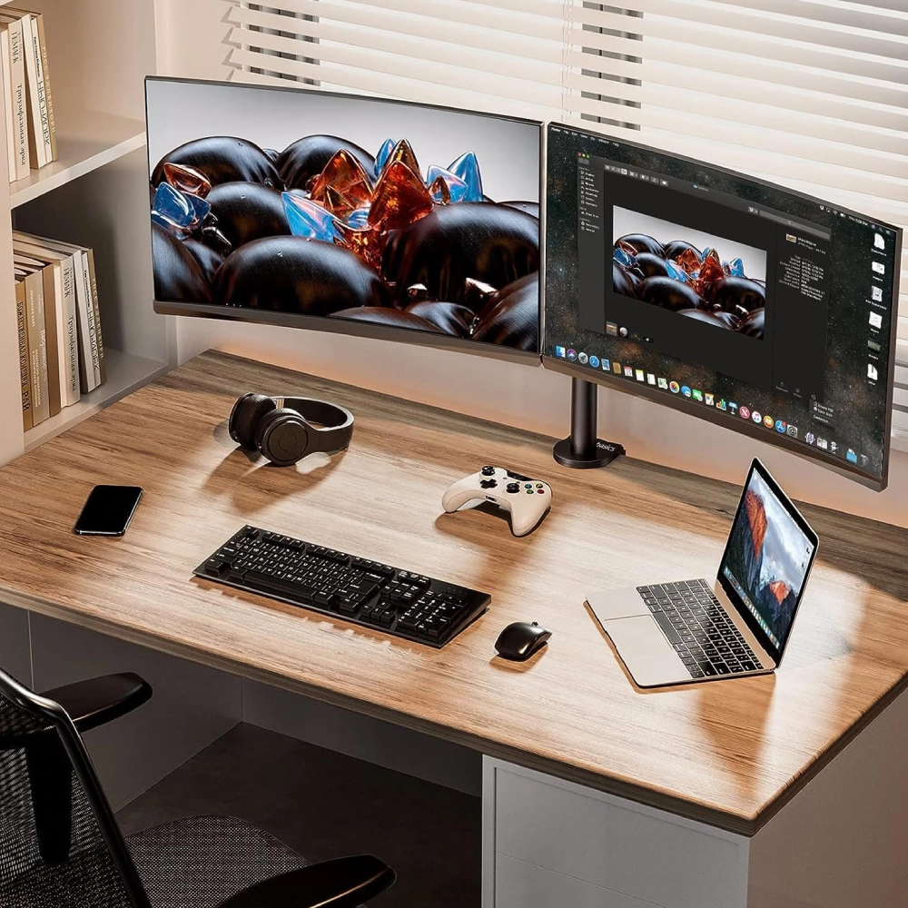 Amazon Basics Dual Monitor / Led Stand, Table Top Clamp Height Adjustable Arm Mount- Steel view 2
